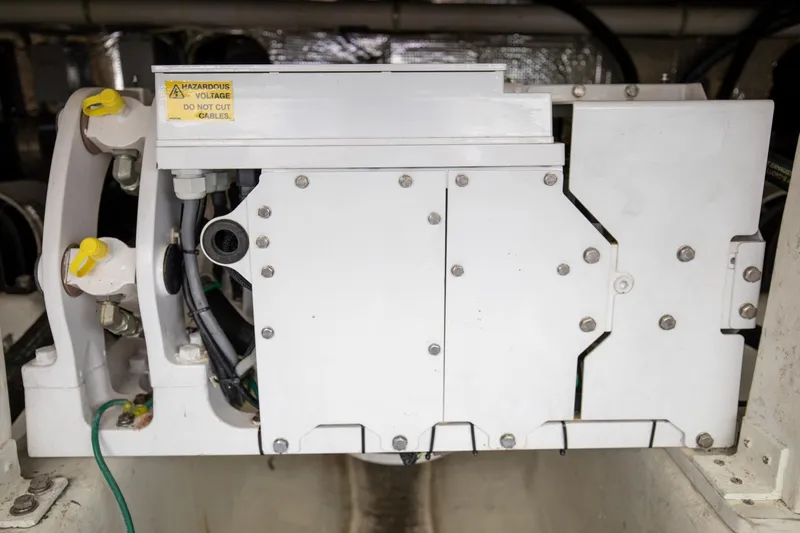 Moana Here Yacht Photos Pics Engine compartment of 2015 Albemarle 360 Express Fisherman with electrical components and warning label.