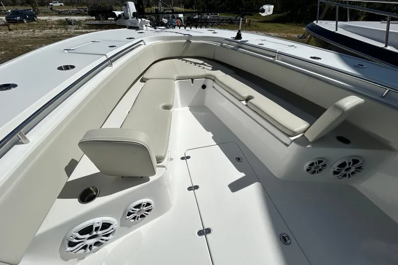  Yacht Photos Pics 2022 Cape Horn 36 boat interior with white seating and built-in speakers.