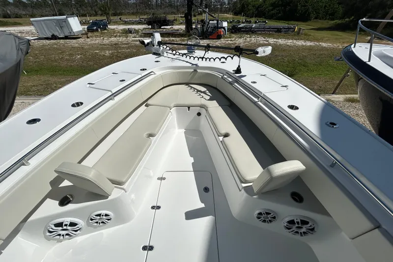  Yacht Photos Pics 2022 Cape Horn 36 boat interior with cushioned seating and speakers.