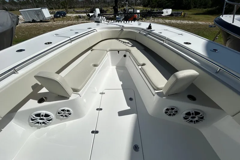  Yacht Photos Pics 2022 Cape Horn 36 boat interior with cushioned seating and speakers.