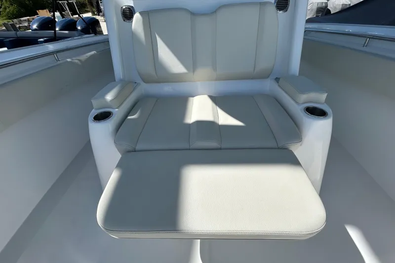  Yacht Photos Pics Luxurious seating on 2022 Cape Horn 36 boat with cup holders and armrests.