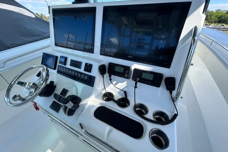  Yacht Photos Pics 2022 Cape Horn 36 boat dashboard with dual screens and control panel.