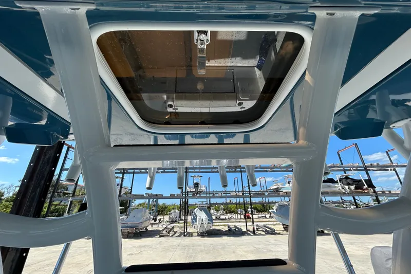  Yacht Photos Pics View from below the 2022 Cape Horn 36 boat, showcasing its structure and docked surroundings.
