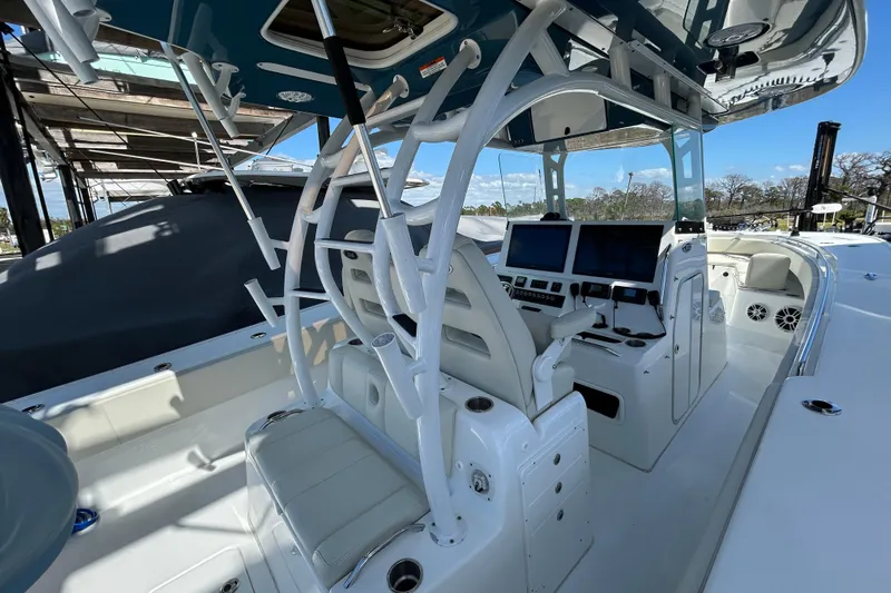  Yacht Photos Pics 2022 Cape Horn 36 boat interior with modern helm and seating.