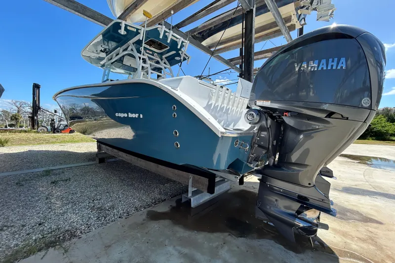  Yacht Photos Pics 2022 Cape Horn 36 boat with Yamaha engine on a lift, side view.