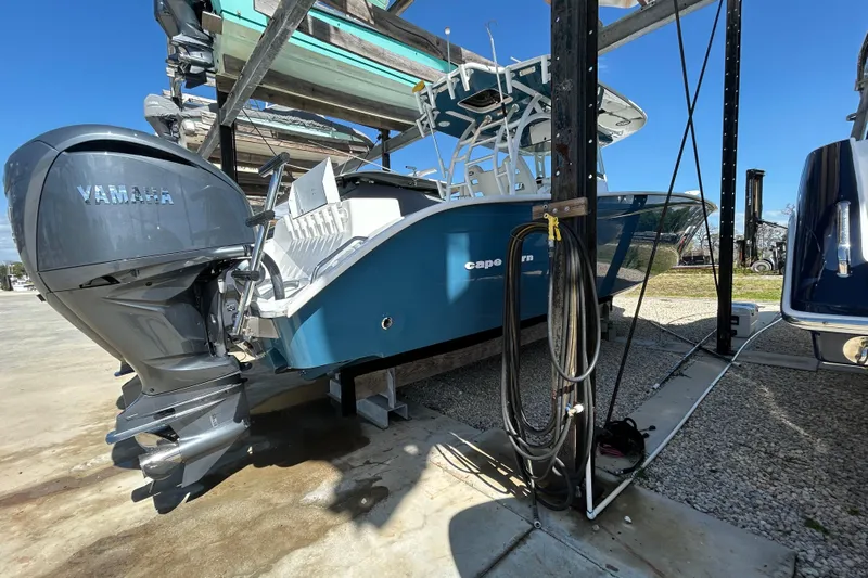 Yacht Photos Pics 2022 Cape Horn 36 boat with Yamaha engine in storage facility.