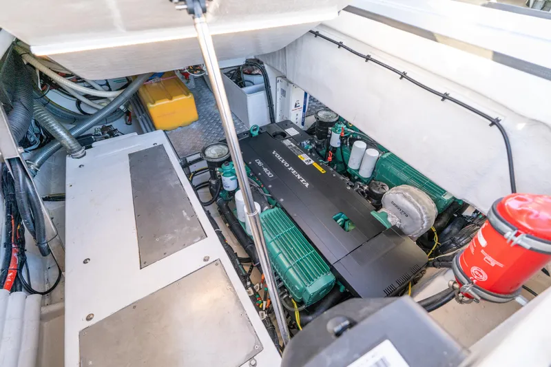 Acdc Yacht Photos Pics Engine compartment of 2019 Frauscher 1414 Demon Air with Volvo Penta engine.