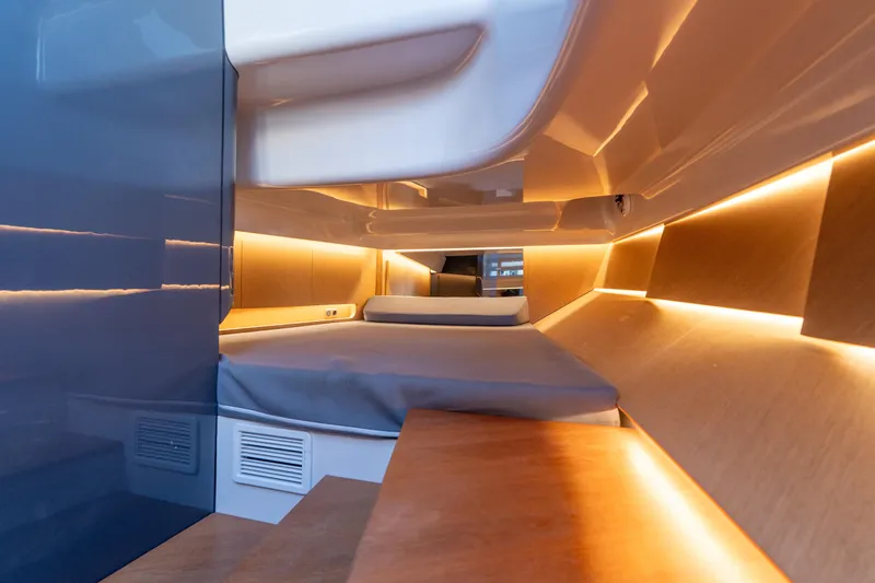 Acdc Yacht Photos Pics Luxurious interior cabin of 2019 Frauscher 1414 Demon Air yacht with ambient lighting.