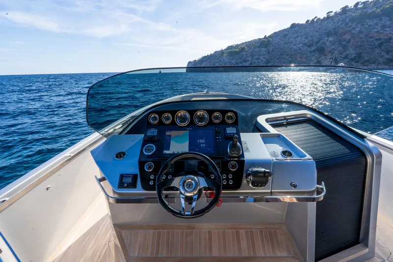 Acdc Yacht Photos Pics Cockpit view of 2019 Frauscher 1414 Demon Air yacht on open sea.