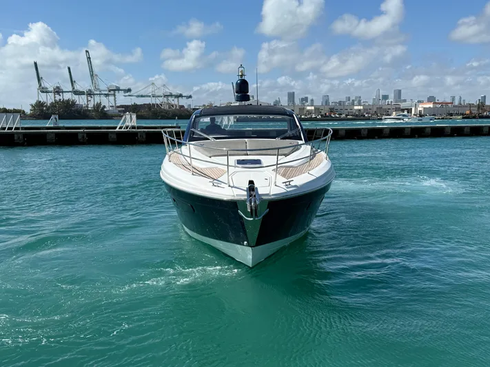 Relax Josephine Yacht Photos Pics Azimut Atlantis 45 yacht, 2022 model, cruising in a vibrant blue harbor.