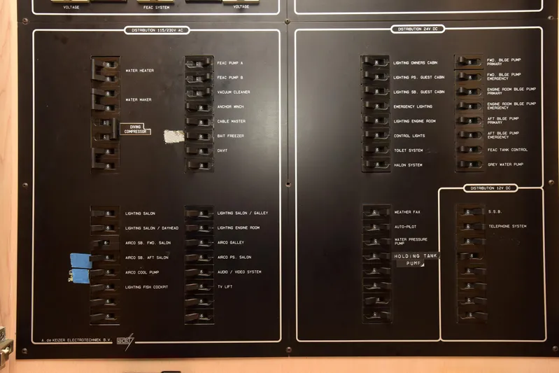 Talisman Yacht Photos Pics Electrical panel on 1989 Striker 62 Convertible boat.