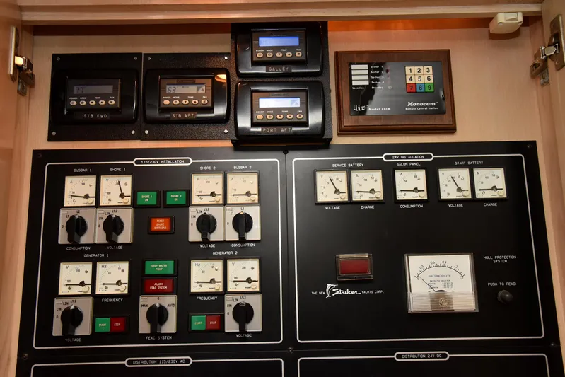Talisman Yacht Photos Pics Control panel of a 1989 Striker 62 Convertible boat.