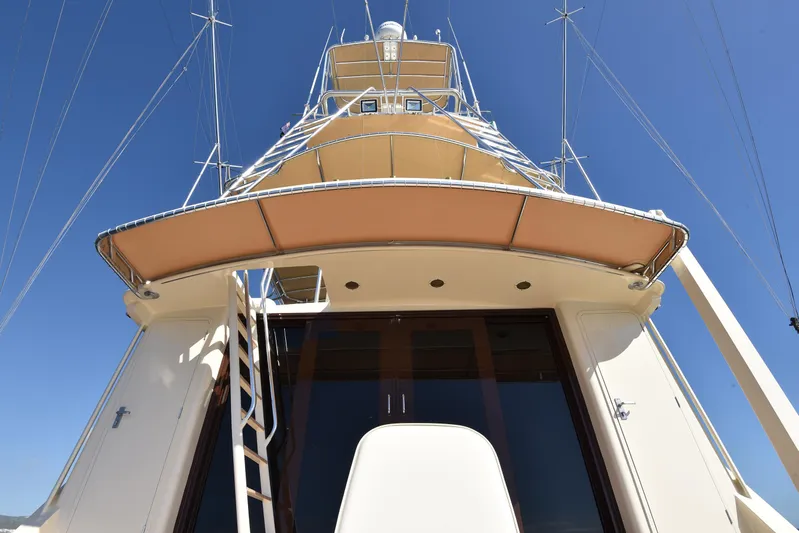 Talisman Yacht Photos Pics 1989 Striker 62 Convertible yacht, view from below.