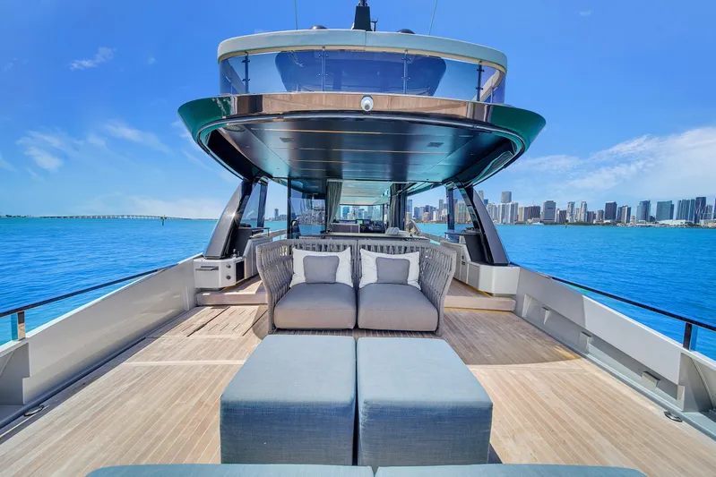  Yacht Photos Pics Luxurious 2021 Explorer 62 yacht with spacious deck and city skyline view.