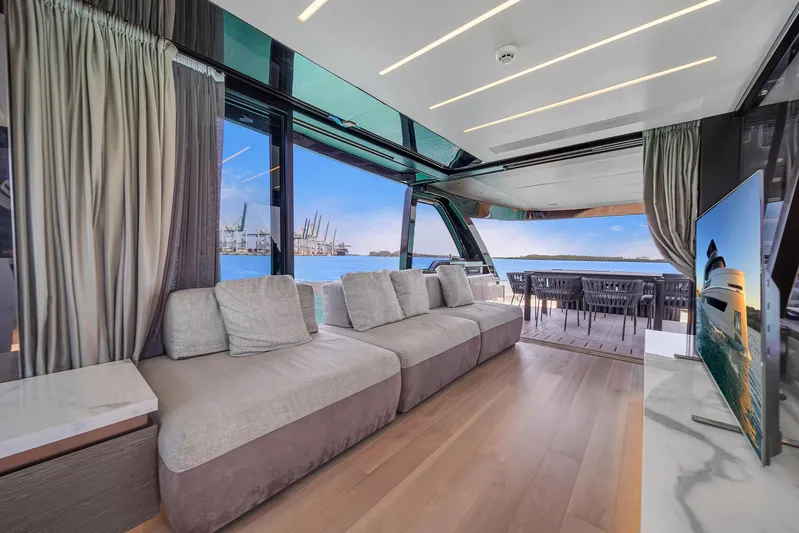  Yacht Photos Pics Luxurious interior of 2021 Explorer 62 yacht with spacious seating and ocean view.