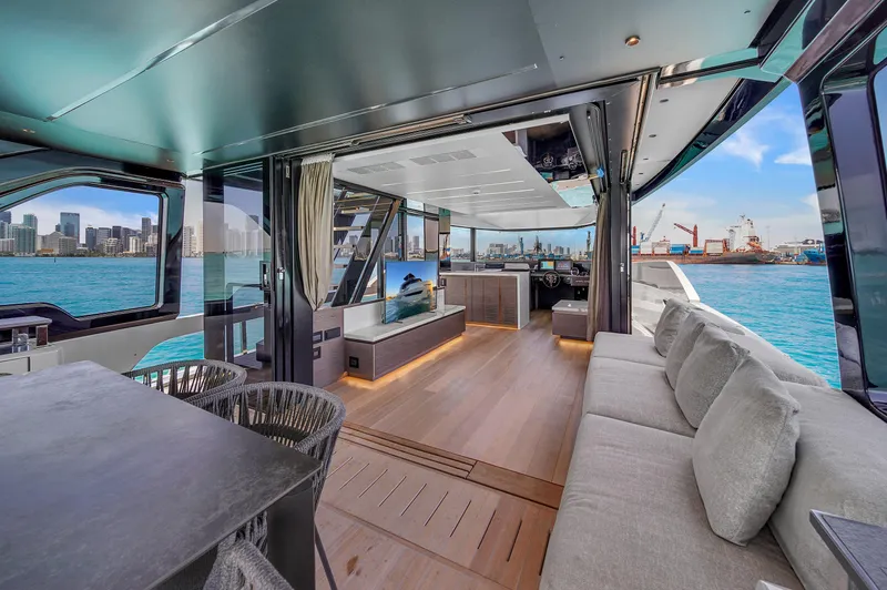  Yacht Photos Pics Luxurious 2021 Explorer 62 yacht interior with modern design and waterfront view.