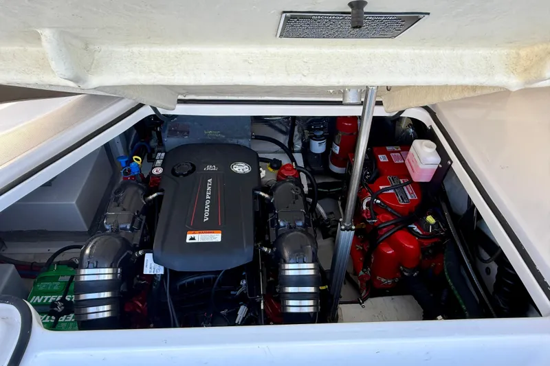 My Particular Harbor Yacht Photos Pics Engine compartment of 2018 Regal 28 Express boat with Volvo Penta engine.