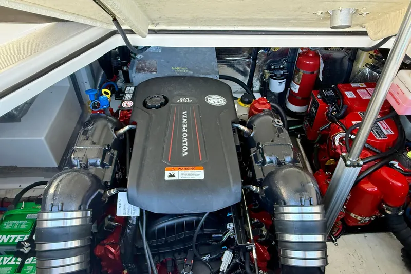 My Particular Harbor Yacht Photos Pics Engine compartment of a 2018 Regal 28 Express with Volvo Penta engine.