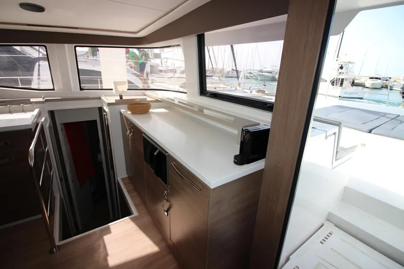  Yacht Photos Pics Modern kitchen interior on 2022 Bali 4.6 yacht with marina view.