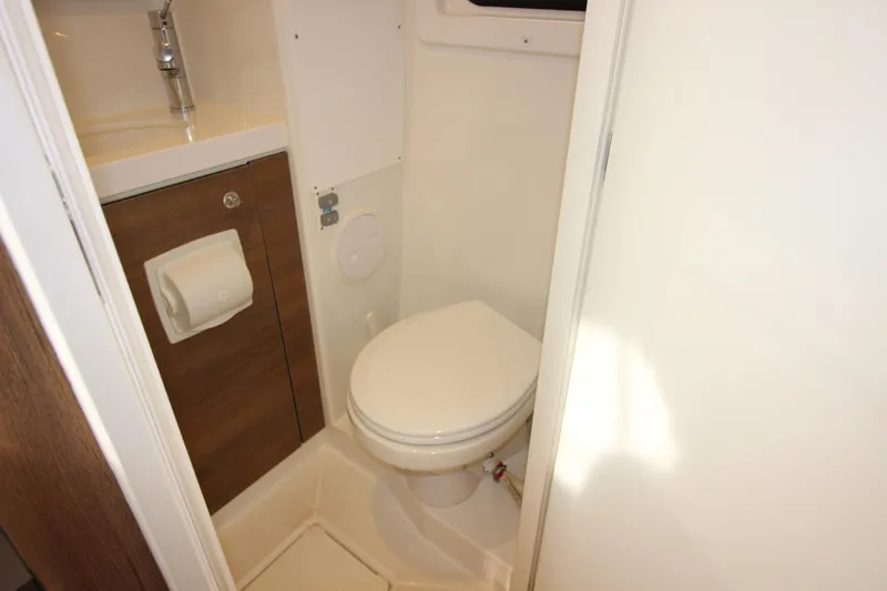  Yacht Photos Pics Compact bathroom in 2022 Bali 4.6 model with toilet and sink.