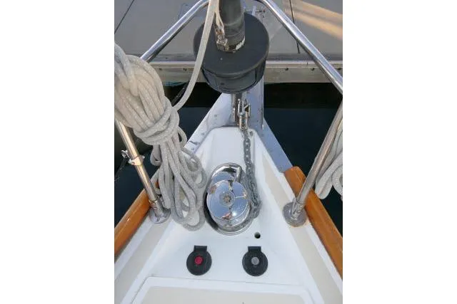 C Otter Yacht Photos Pics Bow of 2002 Tartan 3700 sailboat with anchor chain and ropes.