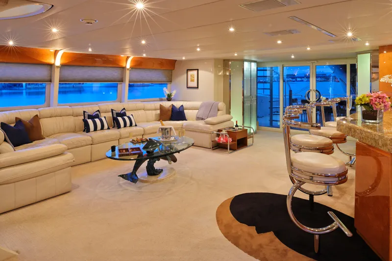 Moonraker Yacht Photos Pics Luxurious interior of a 1992 Norship Motoryacht with elegant seating and modern decor.