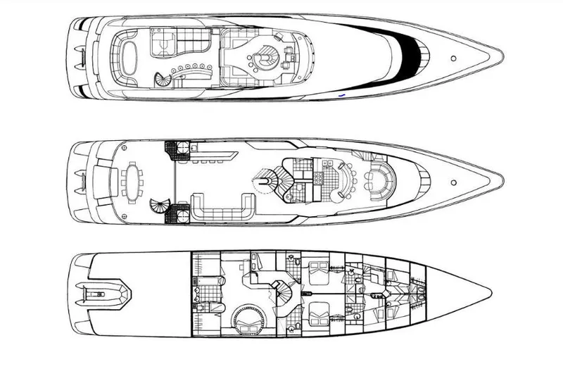 Moonraker Yacht Photos Pics Blueprint of a 1992 Norship Motoryacht, showcasing three detailed deck layouts.