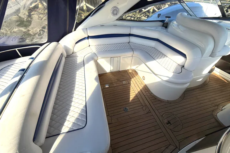  Yacht Photos Pics Luxurious seating area on a 2002 Sunseeker Camargue 44 yacht with wooden flooring.