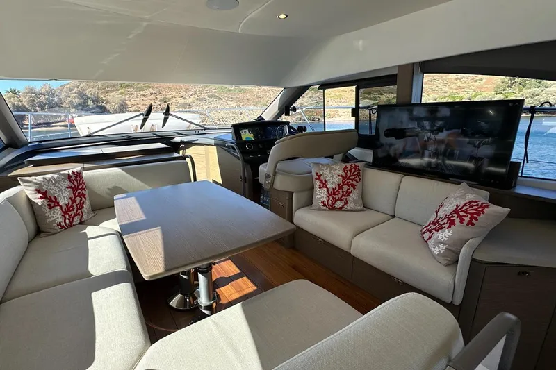  Yacht Photos Pics Luxurious interior of 2023 Princess F45 yacht with elegant seating and modern amenities.