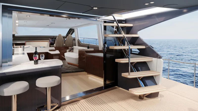  Yacht Photos Pics Luxurious interior of 2026 Fairline Squadron 58 yacht with ocean view.