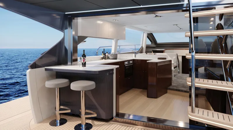  Yacht Photos Pics Luxurious interior of 2026 Fairline Squadron 58 yacht with modern kitchen and ocean view.
