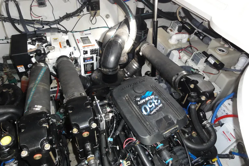  Yacht Photos Pics Engine compartment of a 2007 Sea Ray 320 Sundancer with MerCruiser 350 MAG MPI engine.