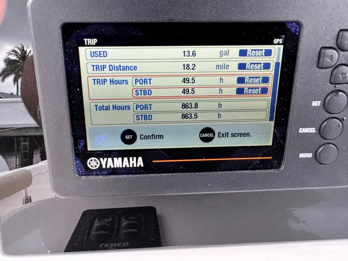  Yacht Photos Pics Yamaha GPS display on 2017 Sea Fox 288 Commander showing trip data and engine hours.