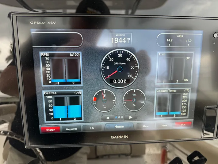  Yacht Photos Pics Garmin GPS display on 2017 Sea Fox 288 Commander showing speed, RPM, and engine metrics.