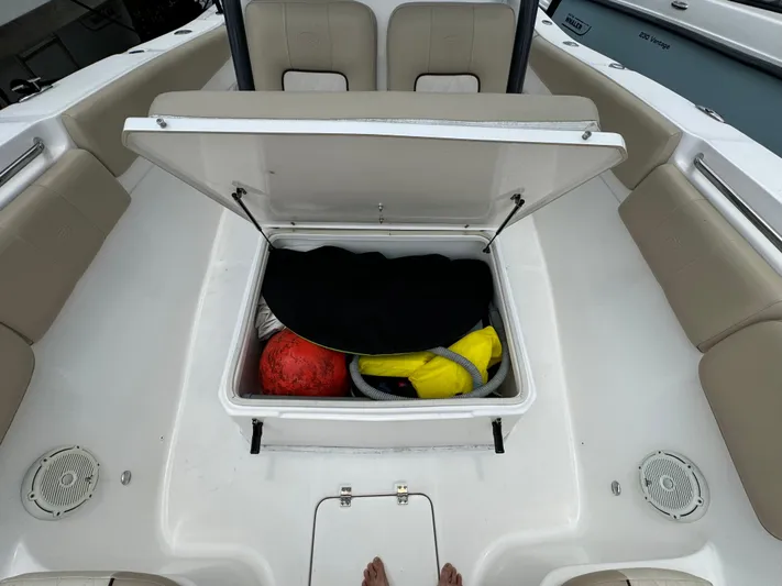  Yacht Photos Pics Open storage compartment on 2017 Sea Fox 288 Commander boat with gear inside.