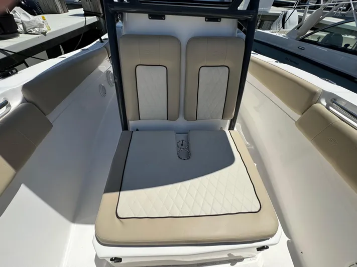  Yacht Photos Pics 2017 Sea Fox 288 Commander boat seating area with beige cushions.