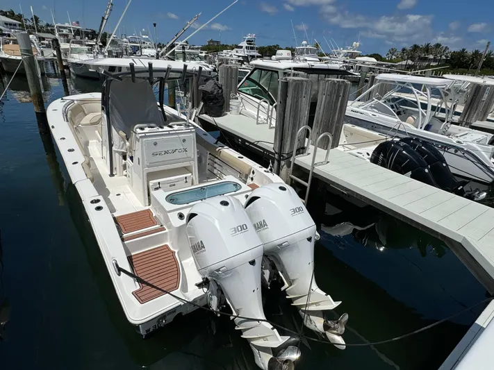  Yacht Photos Pics 2017 Sea Fox 288 Commander boat docked with twin Yamaha engines.