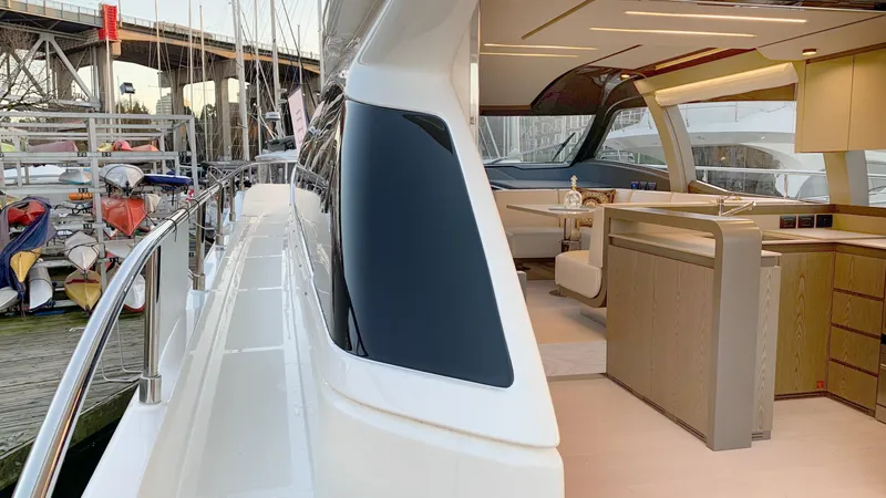  Yacht Photos Pics Ferretti Yachts 550, 2020 model, luxury yacht interior and exterior view at marina.