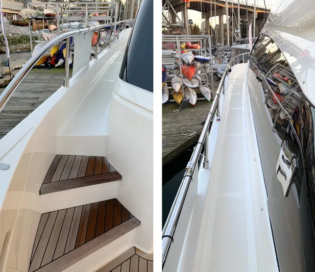 Yacht Photos Pics 2020 Ferretti Yachts 550, featuring sleek deck design and wooden steps.