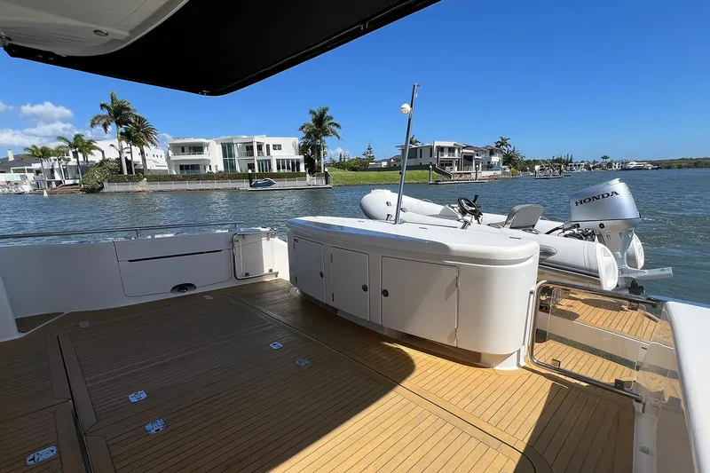 Kahala Yacht Photos Pics Luxury Maritimo M60 yacht deck with scenic waterfront view, 2005 model.