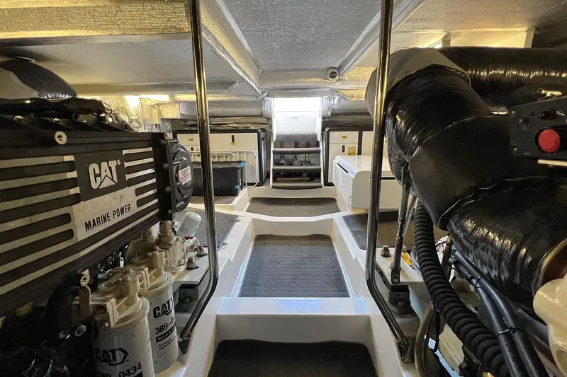 Kahala Yacht Photos Pics Engine room of a 2005 Maritimo M60 yacht with CAT Marine Power engines.