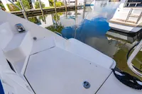 Leopard 40 catamaran deck, 2016 model, docked by calm waters.