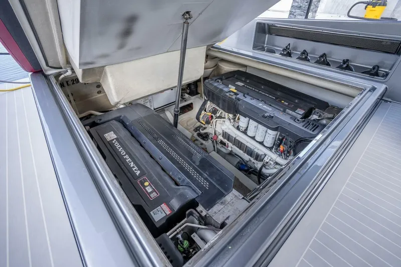 Warriors At Sea Yacht Photos Pics Engine compartment of a 2016 VanDutch 55 yacht featuring Volvo Penta engines.