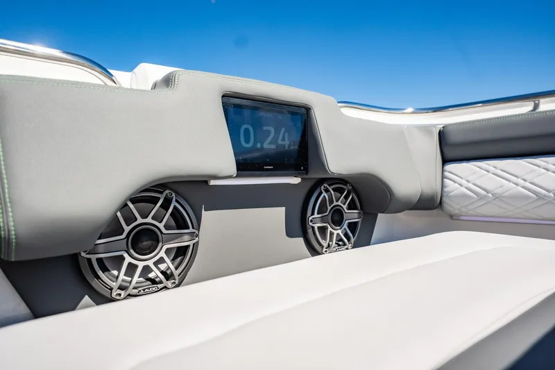  Yacht Photos Pics 2024 Cigarette 42' Auroris boat interior with speakers and digital display.