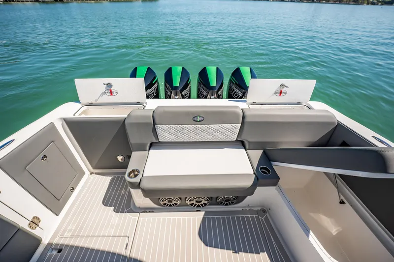  Yacht Photos Pics 2024 Cigarette 42' Auroris boat interior with seating and powerful outboard engines.