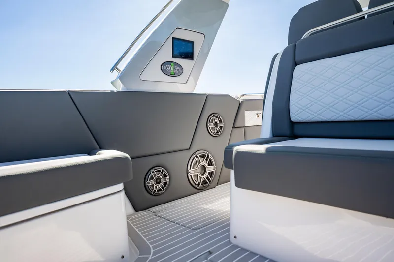  Yacht Photos Pics 2024 Cigarette 42' Auroris boat interior with luxury seating and audio system.