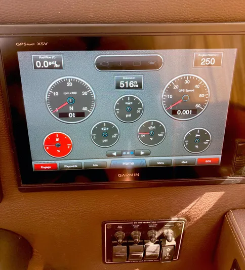Seaburd Yacht Photos Pics Garmin GPS display on 2018 Ranger Tugs R-29 S showing navigation and engine data.