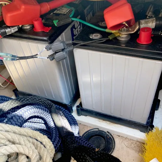 Seaburd Yacht Photos Pics Batteries and ropes in a 2018 Ranger Tugs R-29 S boat compartment.