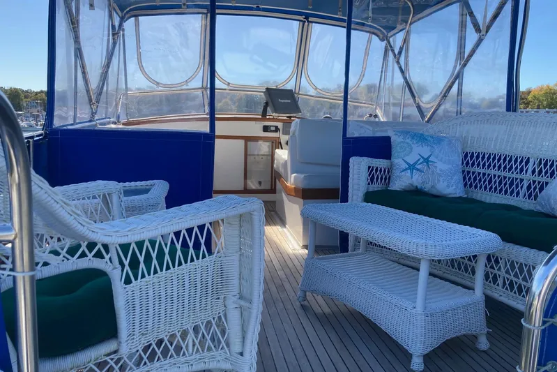 Burnin Daylight Yacht Photos Pics Interior of 1983 Grand Banks 42 Classic yacht with wicker furniture and blue accents.