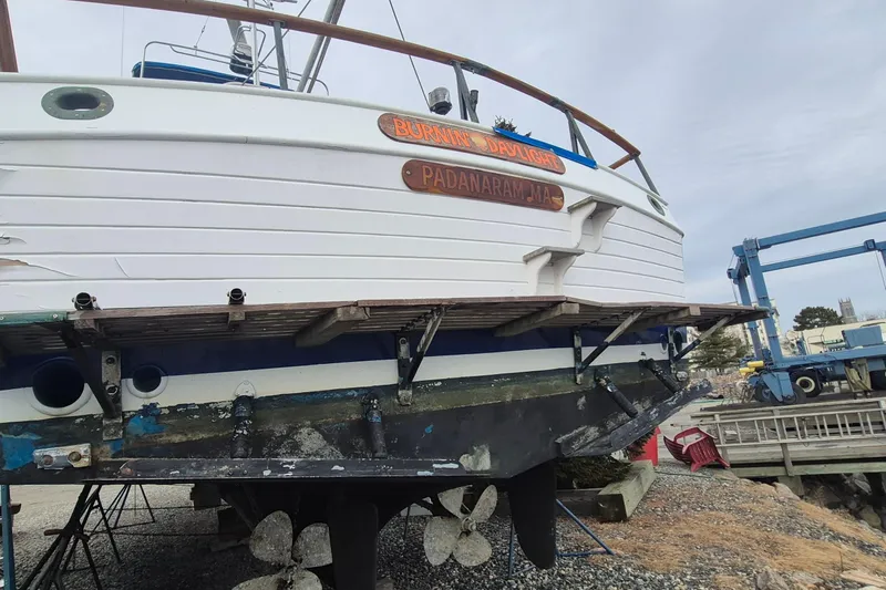 Burnin Daylight Yacht Photos Pics 1983 Grand Banks 42 Classic boat on dry dock, showing stern and propeller.